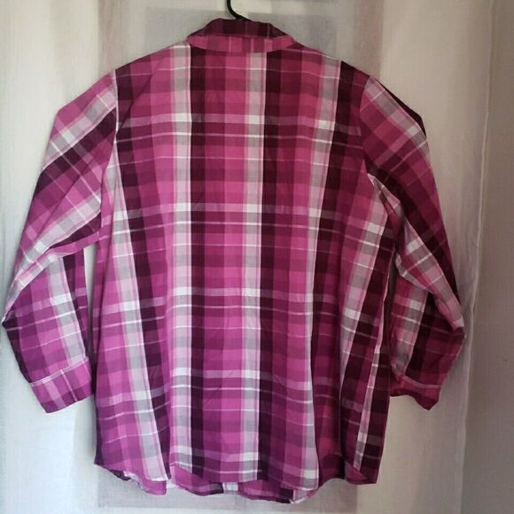 Woman Within Button Up Shirt 1X Plaid Classic Collar Hemline Styling Purple Pink - Picture 8 of 11